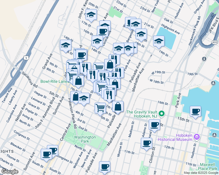 map of restaurants, bars, coffee shops, grocery stores, and more near 910 Bergenline Avenue in Union City