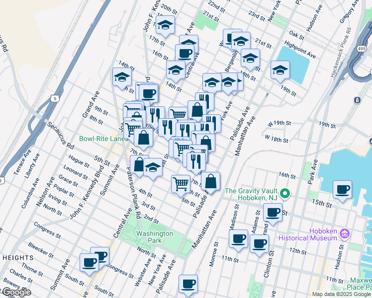 map of restaurants, bars, coffee shops, grocery stores, and more near 910 Bergenline Avenue in Union City