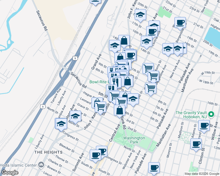 map of restaurants, bars, coffee shops, grocery stores, and more near 709 Summit Avenue in Union City