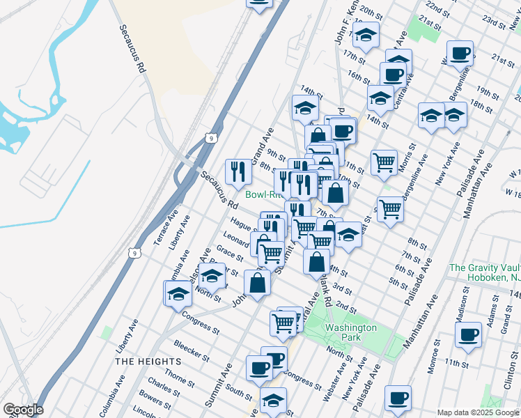 map of restaurants, bars, coffee shops, grocery stores, and more near 809 Secaucus Road in Jersey City