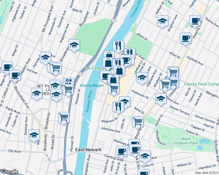 map of restaurants, bars, coffee shops, grocery stores, and more near 125 Passaic Avenue in Kearny