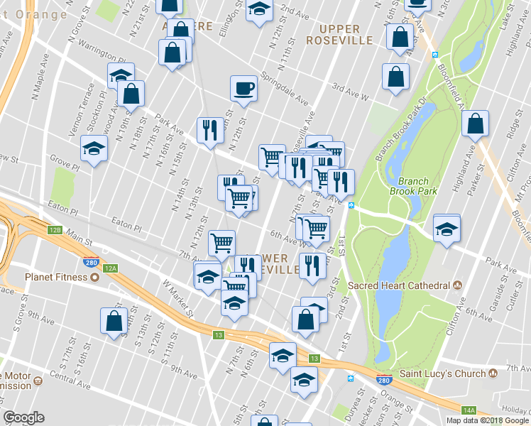 map of restaurants, bars, coffee shops, grocery stores, and more near 215 Roseville Avenue in Newark