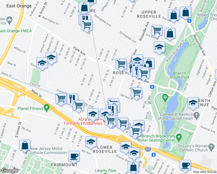 map of restaurants, bars, coffee shops, grocery stores, and more near 69 North 9th Street in Newark