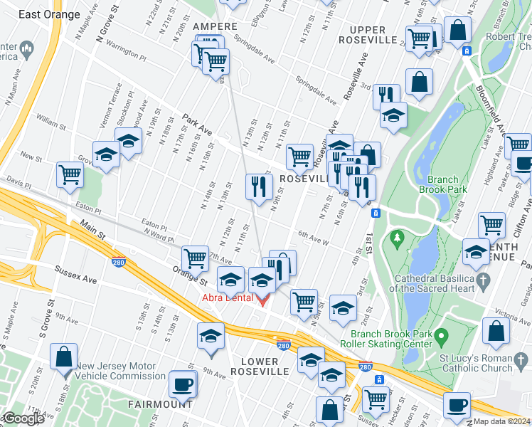 map of restaurants, bars, coffee shops, grocery stores, and more near 69 North 9th Street in Newark