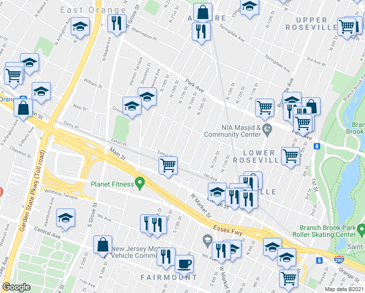 map of restaurants, bars, coffee shops, grocery stores, and more near 14 North 16th Street in East Orange