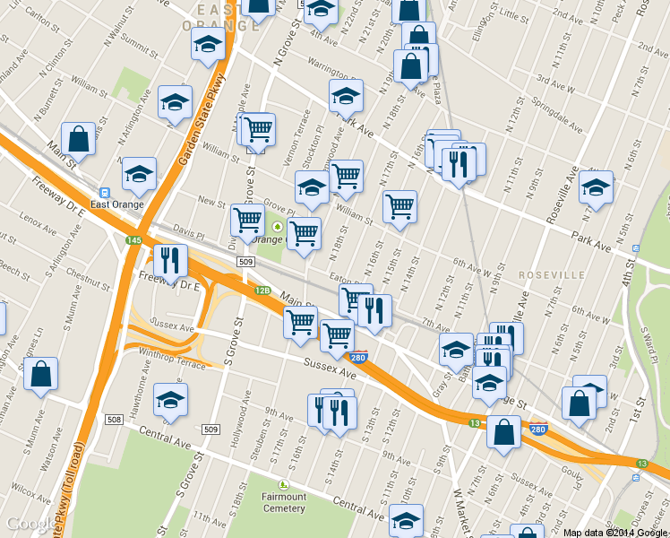 map of restaurants, bars, coffee shops, grocery stores, and more near 64 Eaton Place in East Orange