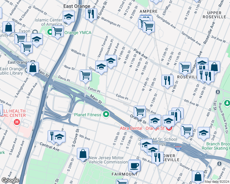 map of restaurants, bars, coffee shops, grocery stores, and more near 64 Eaton Place in East Orange