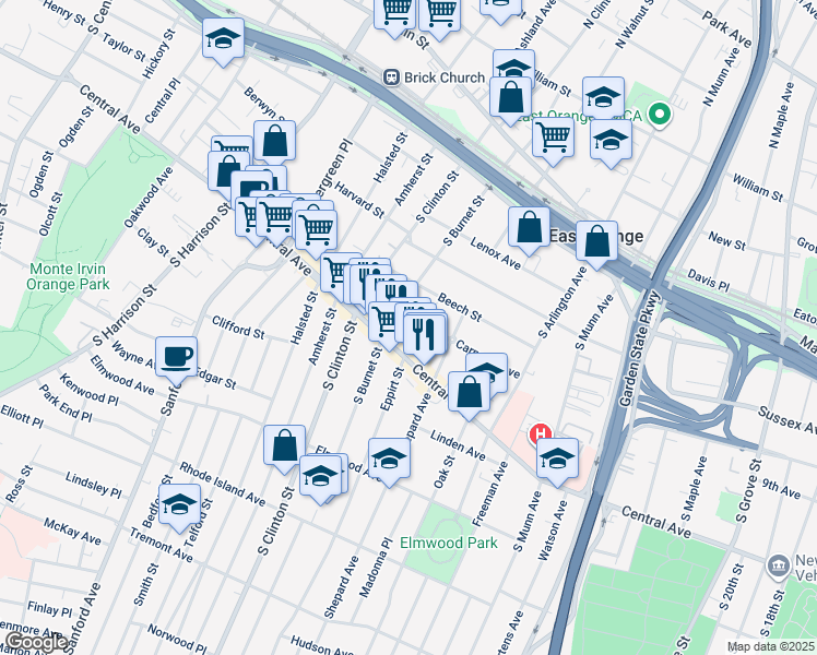 map of restaurants, bars, coffee shops, grocery stores, and more near 428 Central Avenue in East Orange