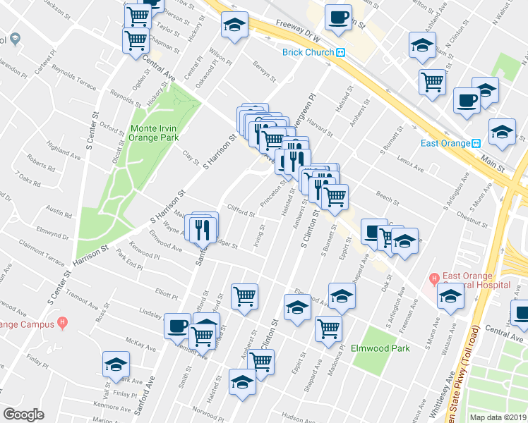 map of restaurants, bars, coffee shops, grocery stores, and more near 2 Whittier Street in East Orange