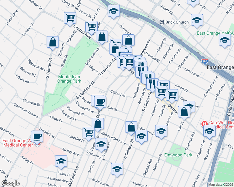 map of restaurants, bars, coffee shops, grocery stores, and more near 2 Whittier Street in East Orange