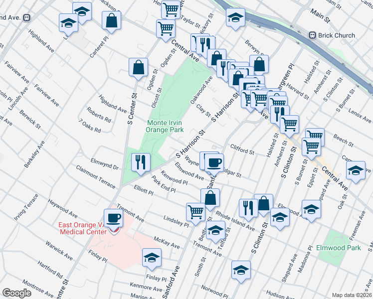 map of restaurants, bars, coffee shops, grocery stores, and more near 362 South Harrison Street in East Orange