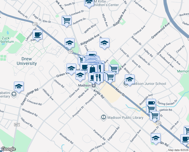 map of restaurants, bars, coffee shops, grocery stores, and more near 14 Waverly Place in Madison