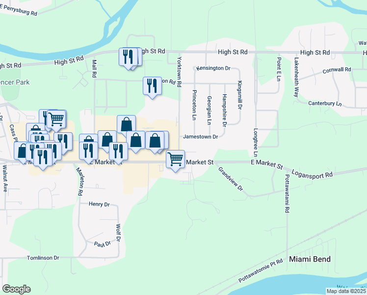 map of restaurants, bars, coffee shops, grocery stores, and more near 504 Yorktown Road in Logansport