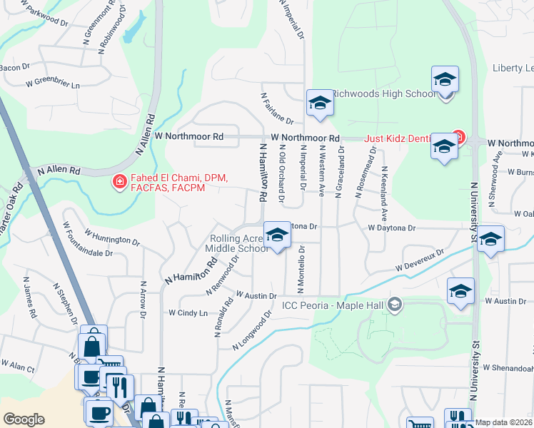 map of restaurants, bars, coffee shops, grocery stores, and more near 5821 North Hamilton Road in Peoria