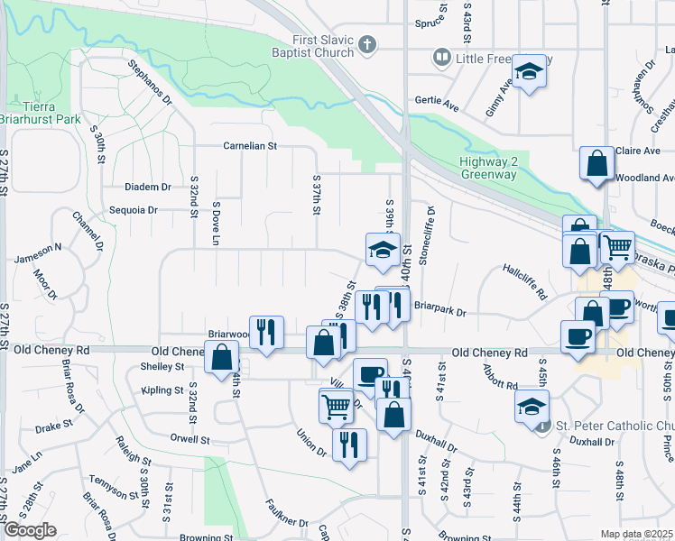 map of restaurants, bars, coffee shops, grocery stores, and more near 5507 South 38th Street in Lincoln