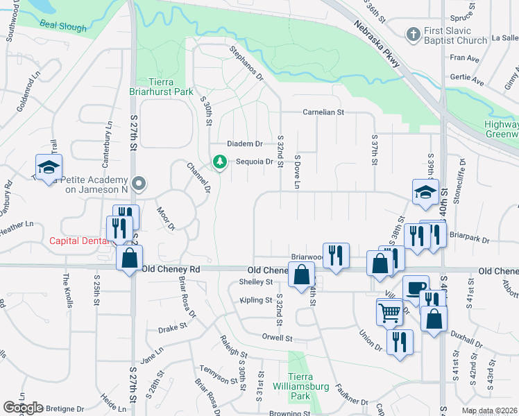 map of restaurants, bars, coffee shops, grocery stores, and more near 5519 South 31st Street in Lincoln