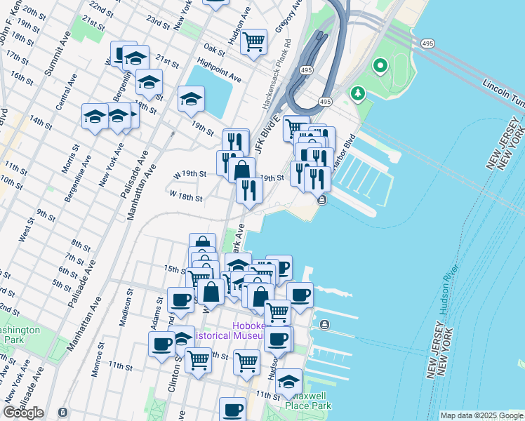 map of restaurants, bars, coffee shops, grocery stores, and more near 1604 Harbor Boulevard in Weehawken