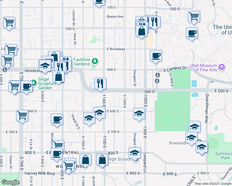 map of restaurants, bars, coffee shops, grocery stores, and more near 1144 University Boulevard in Salt Lake City