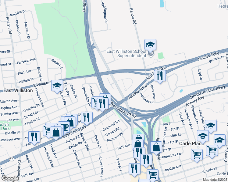 map of restaurants, bars, coffee shops, grocery stores, and more near 24 Laurel Ln in Old Westbury