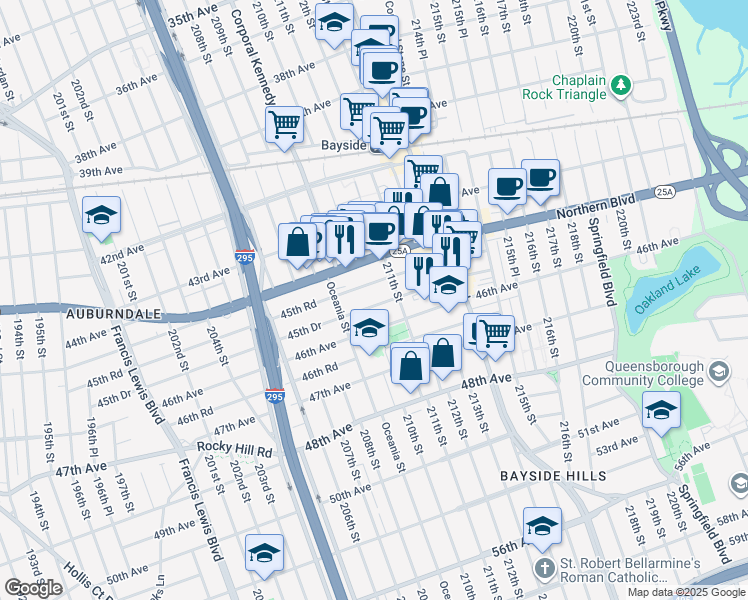 map of restaurants, bars, coffee shops, grocery stores, and more near 209-39 45th Drive in Queens