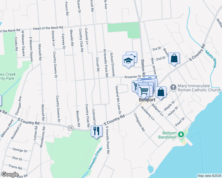 map of restaurants, bars, coffee shops, grocery stores, and more near 30 North Howells Point Road in Bellport