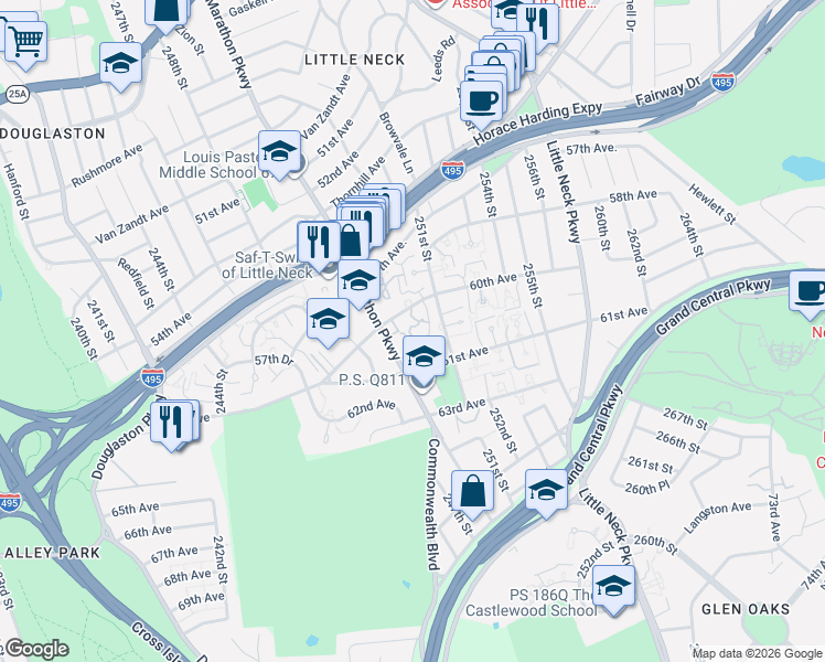 map of restaurants, bars, coffee shops, grocery stores, and more near 60-21 Marathon Parkway in Queens