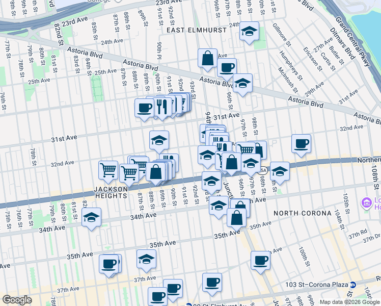 map of restaurants, bars, coffee shops, grocery stores, and more near 3220 92nd Street in Queens