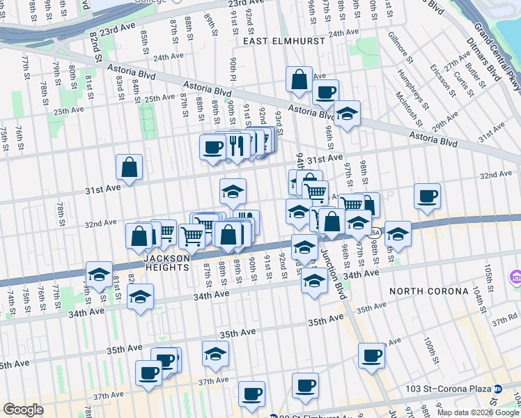 map of restaurants, bars, coffee shops, grocery stores, and more near 32-23 90th Street in Queens