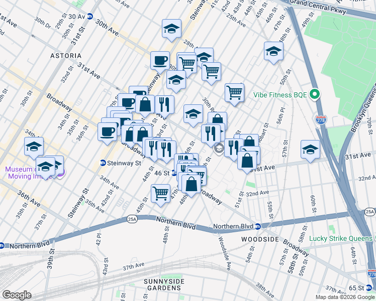 map of restaurants, bars, coffee shops, grocery stores, and more near 31-32 47th Street in Queens