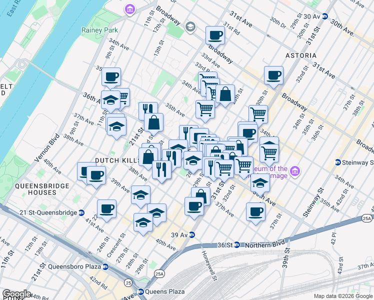 map of restaurants, bars, coffee shops, grocery stores, and more near 36-6 Crescent Street in Queens