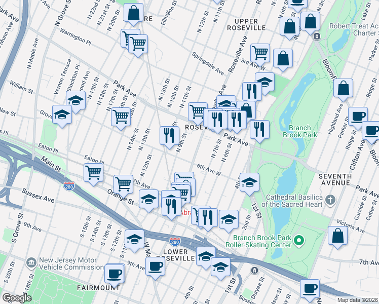 map of restaurants, bars, coffee shops, grocery stores, and more near 215 Roseville Avenue in Newark