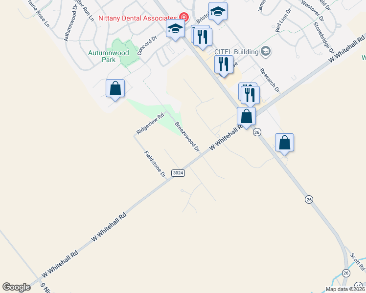 map of restaurants, bars, coffee shops, grocery stores, and more near 500-798 Breezewood Dr in State College