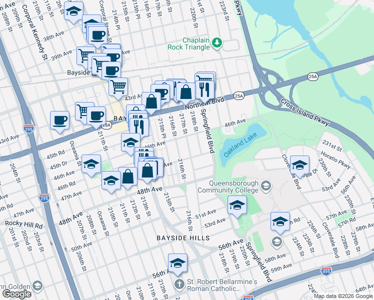 map of restaurants, bars, coffee shops, grocery stores, and more near 4644 217th Street in Queens