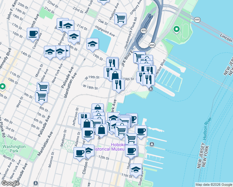 map of restaurants, bars, coffee shops, grocery stores, and more near 1700 Park Avenue in Weehawken