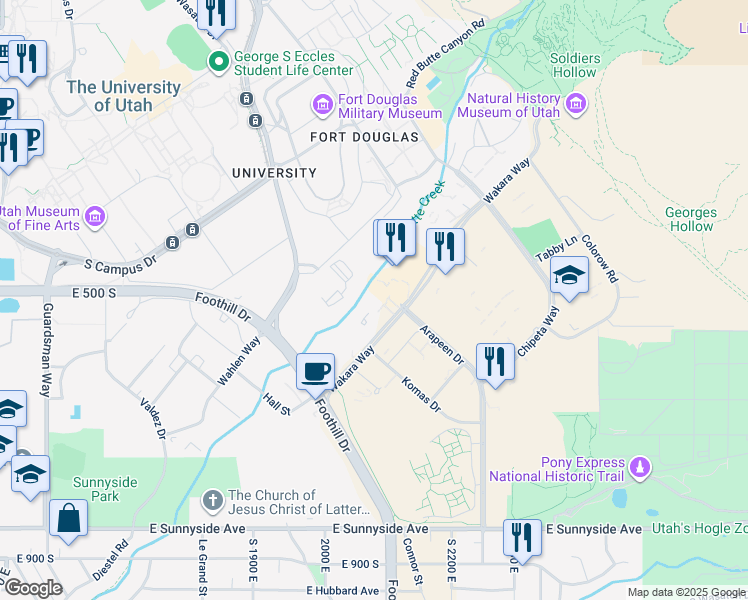 map of restaurants, bars, coffee shops, grocery stores, and more near 520 Wakara Way in Salt Lake City