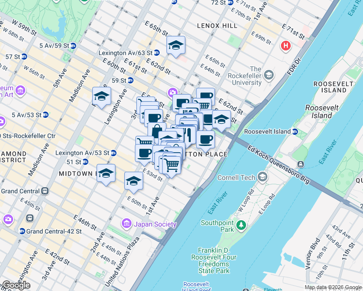 map of restaurants, bars, coffee shops, grocery stores, and more near 360 East 57th Street in New York