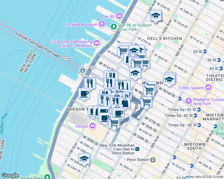map of restaurants, bars, coffee shops, grocery stores, and more near 555 West 38th Street in New York