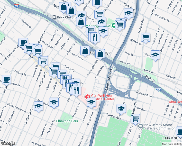 map of restaurants, bars, coffee shops, grocery stores, and more near 7 Chestnut Street in East Orange