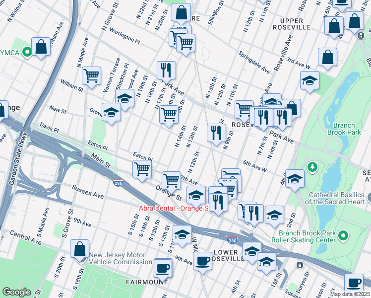 map of restaurants, bars, coffee shops, grocery stores, and more near 78 North 13th Street in Newark