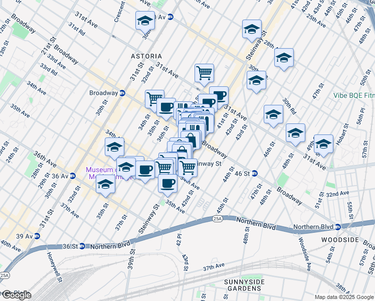 map of restaurants, bars, coffee shops, grocery stores, and more near 32-40 Steinway Street in Queens
