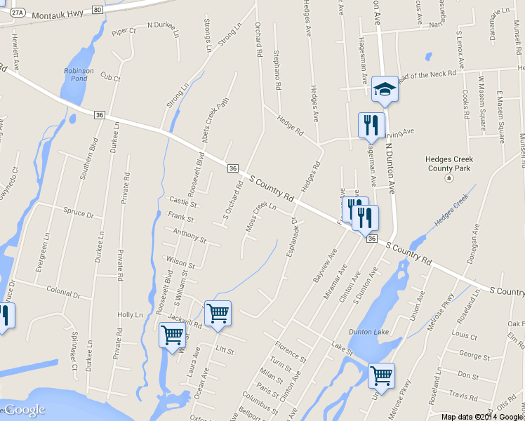 map of restaurants, bars, coffee shops, grocery stores, and more near 1 Springview Court in East Patchogue