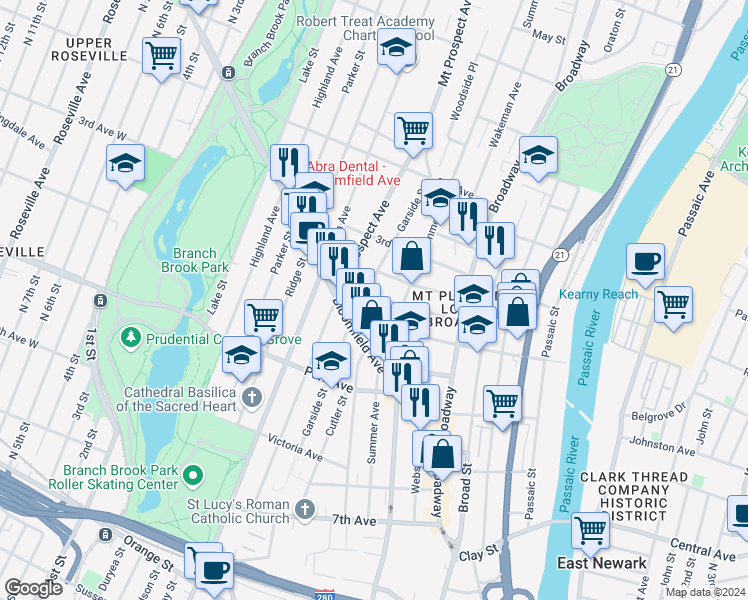 map of restaurants, bars, coffee shops, grocery stores, and more near 74 Kearny Street in Newark