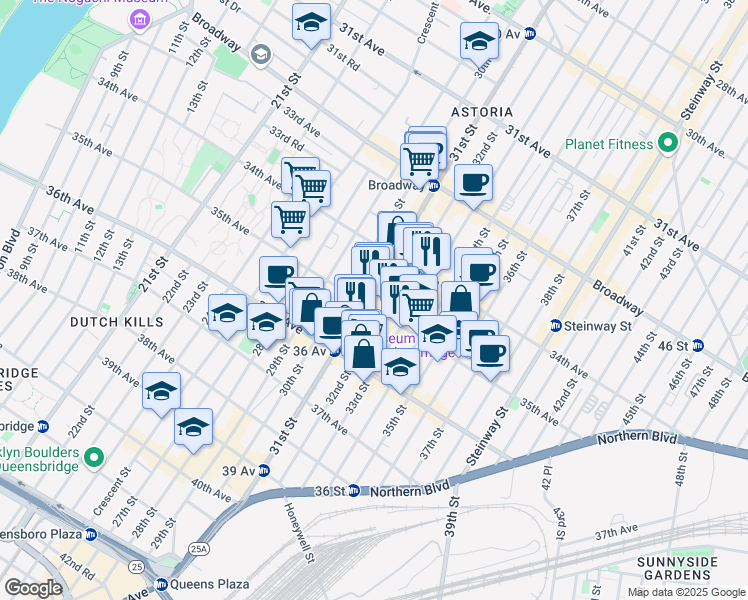 map of restaurants, bars, coffee shops, grocery stores, and more near 34-55 32nd Street in Queens