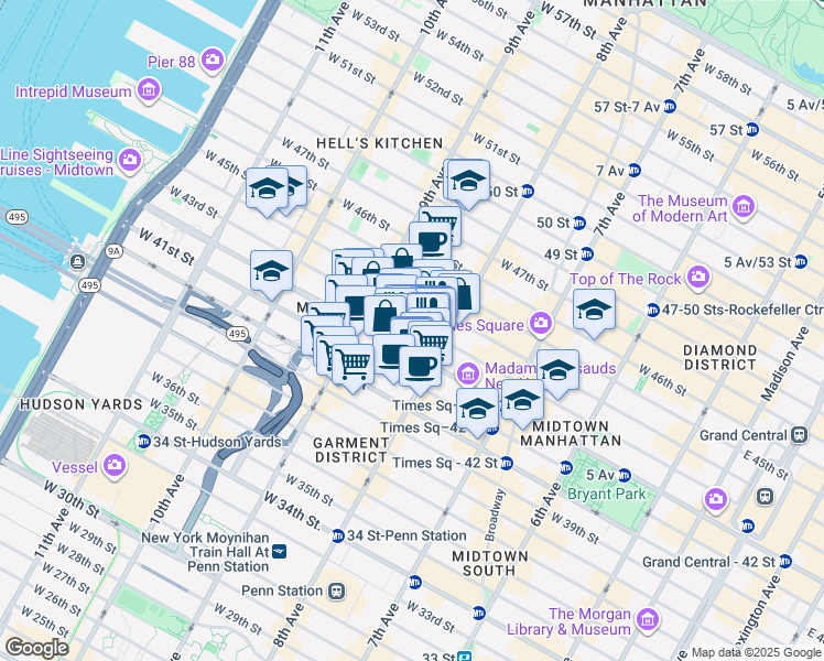 map of restaurants, bars, coffee shops, grocery stores, and more near 324 West 43rd Street in New York