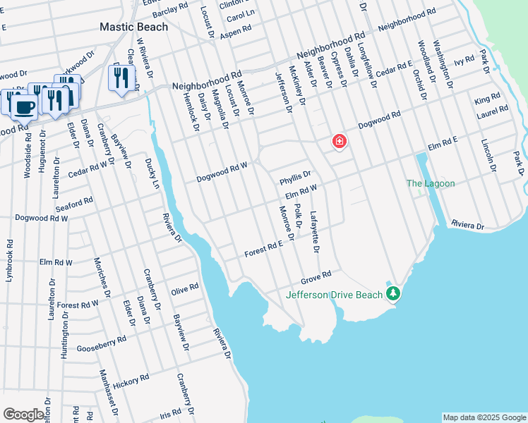 map of restaurants, bars, coffee shops, grocery stores, and more near 57 Magnolia Drive in Mastic Beach