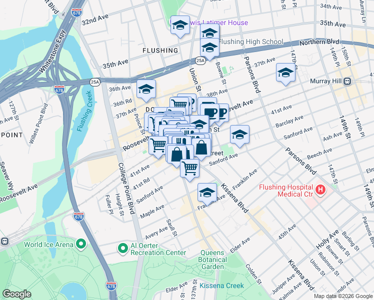 map of restaurants, bars, coffee shops, grocery stores, and more near 41-25 Kissena Boulevard in Queens