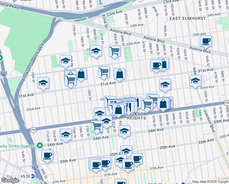 map of restaurants, bars, coffee shops, grocery stores, and more near 31-41 82nd Street in Queens