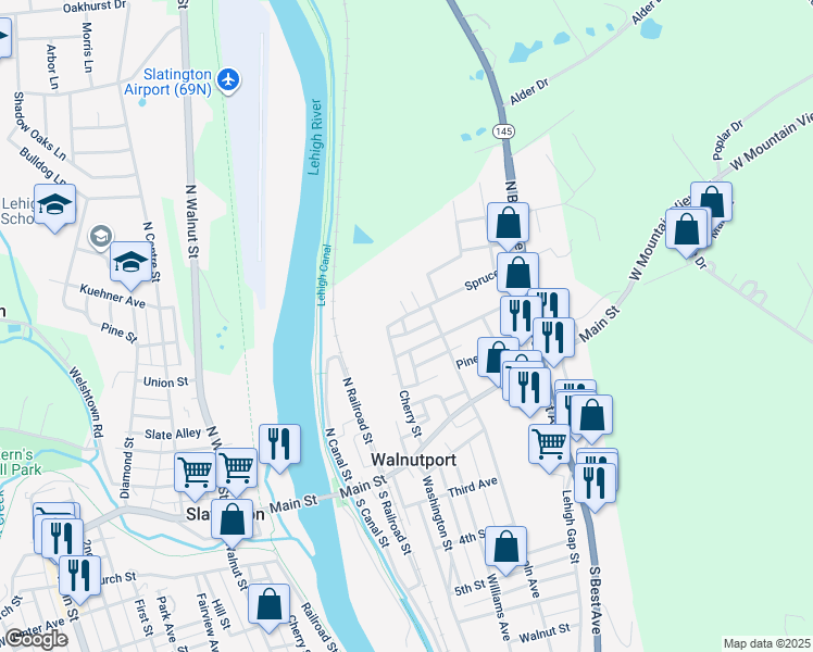 map of restaurants, bars, coffee shops, grocery stores, and more near 212 Spruce Street in Walnutport