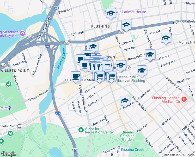 map of restaurants, bars, coffee shops, grocery stores, and more near 135-10 40th Road in Queens