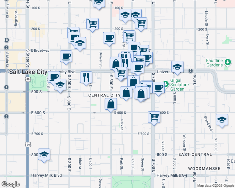 map of restaurants, bars, coffee shops, grocery stores, and more near 520 East 500 South in Salt Lake City